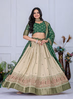 DEIANA'S Jacquard With Jari Lining With Print Lehenga Choli - Off White | Grocsy