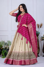 DEIANA'S Jacquard With Jari Lining With Print Lehenga Choli - Off White | Grocsy