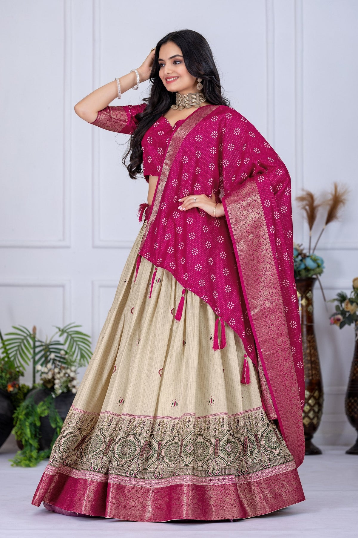 DEIANA'S Jacquard With Jari Lining With Print Lehenga Choli - Off White | Grocsy