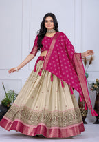 DEIANA'S Jacquard With Jari Lining With Print Lehenga Choli - Off White | Grocsy