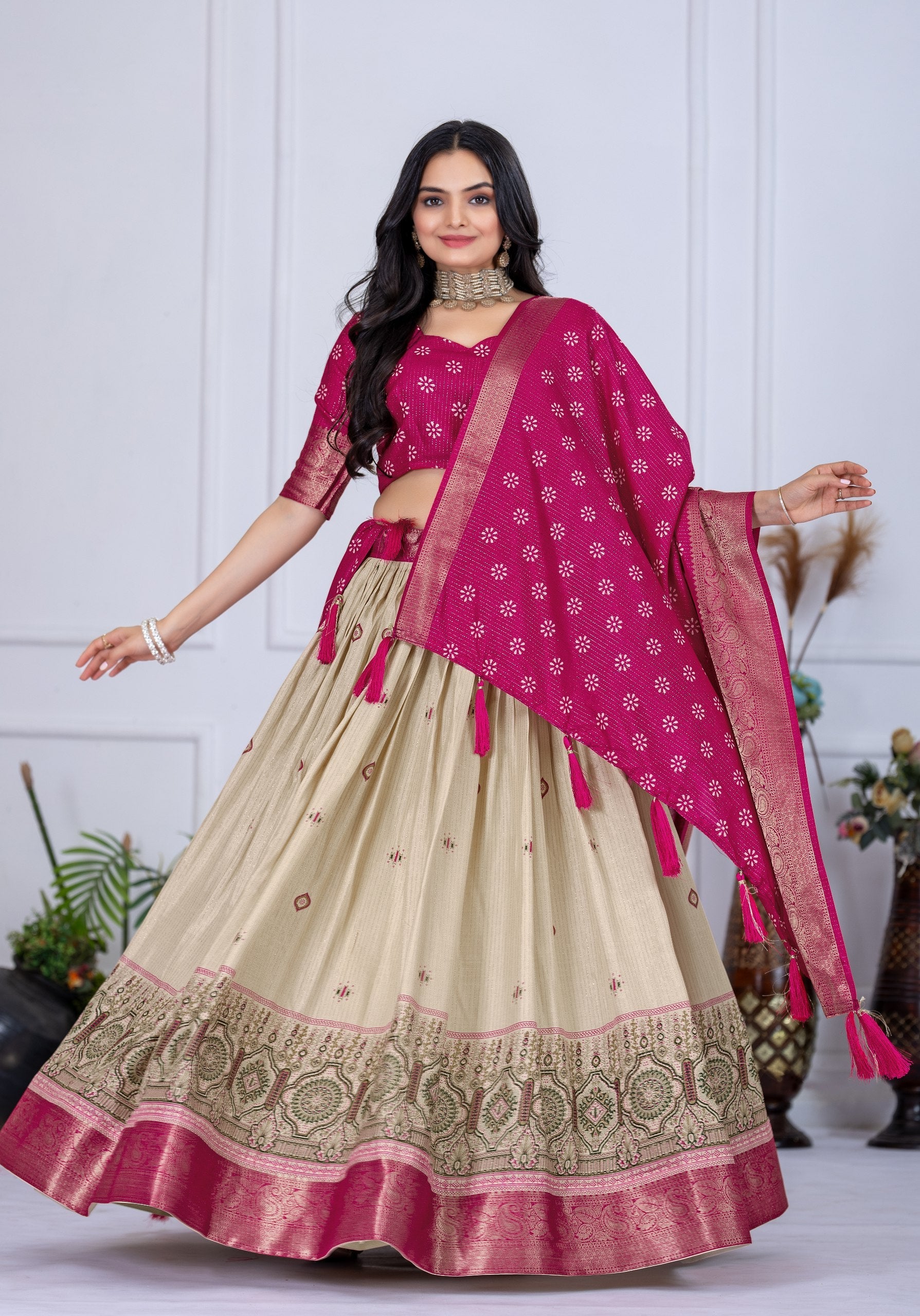 DEIANA'S Jacquard With Jari Lining With Print Lehenga Choli - Off White | Grocsy