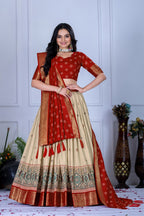 DEIANA'S Jacquard With Jari Lining With Print Lehenga Choli - Off White | Grocsy