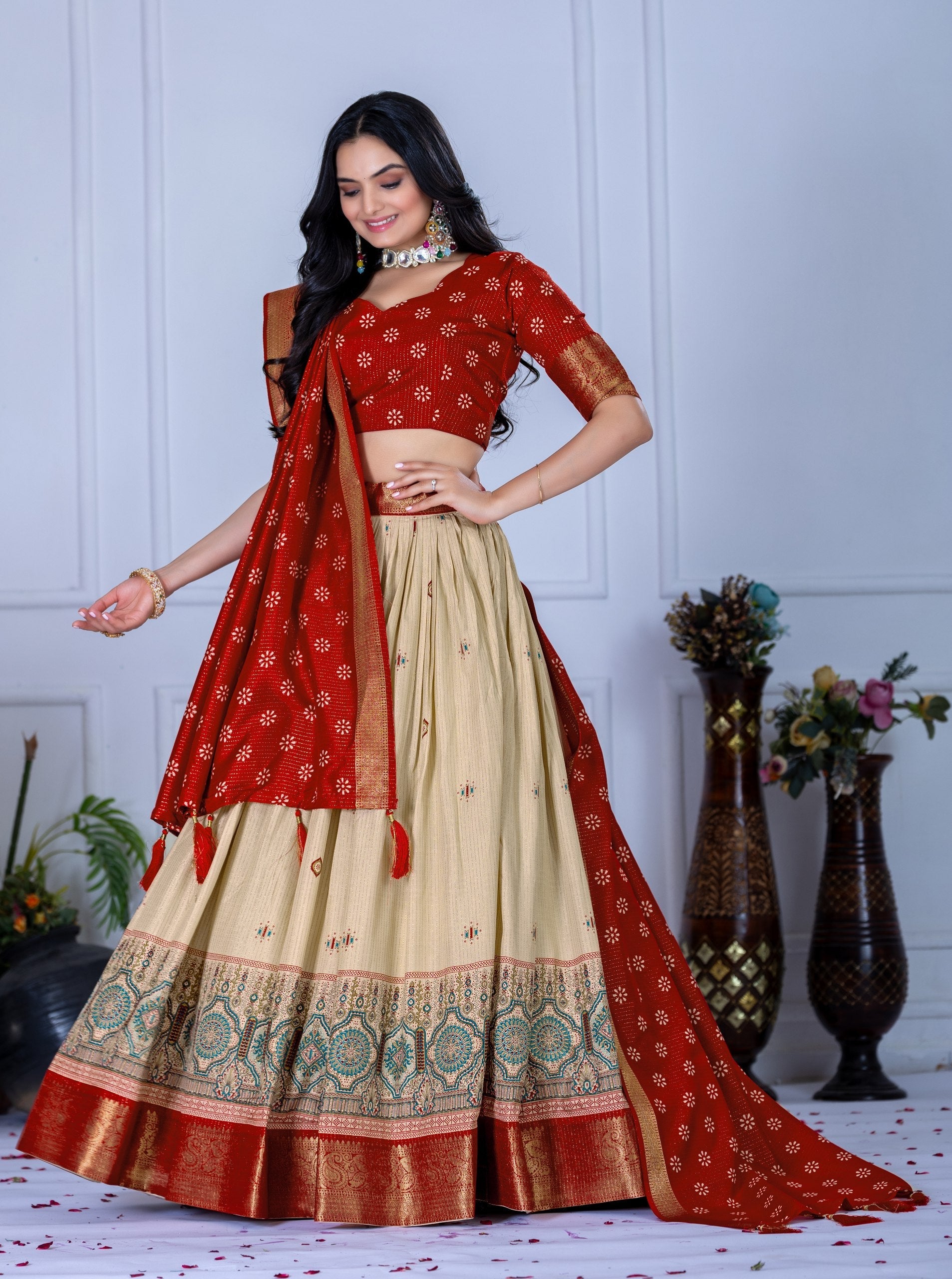 DEIANA'S Jacquard With Jari Lining With Print Lehenga Choli - Off White | Grocsy