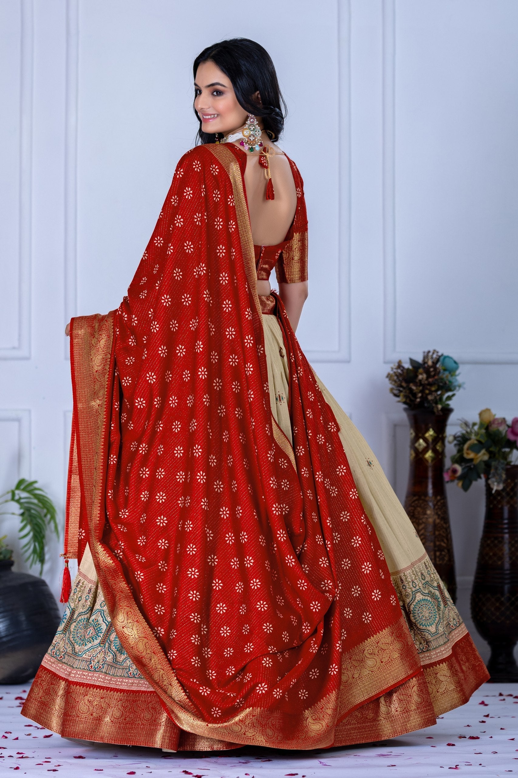 DEIANA'S Jacquard With Jari Lining With Print Lehenga Choli - Off White | Grocsy