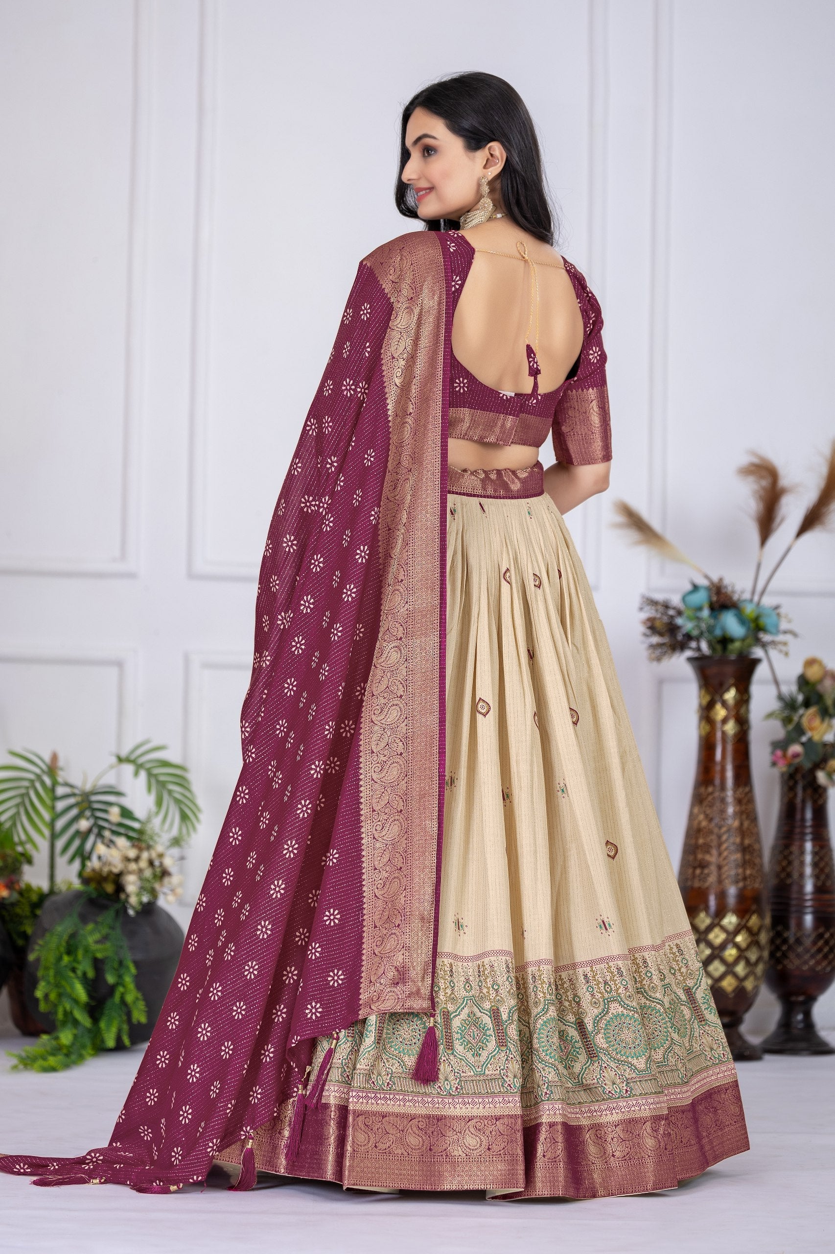 DEIANA'S Jacquard With Jari Lining With Print Lehenga Choli - Off White | Grocsy