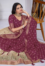 DEIANA'S Jacquard With Jari Lining With Print Lehenga Choli - Off White | Grocsy