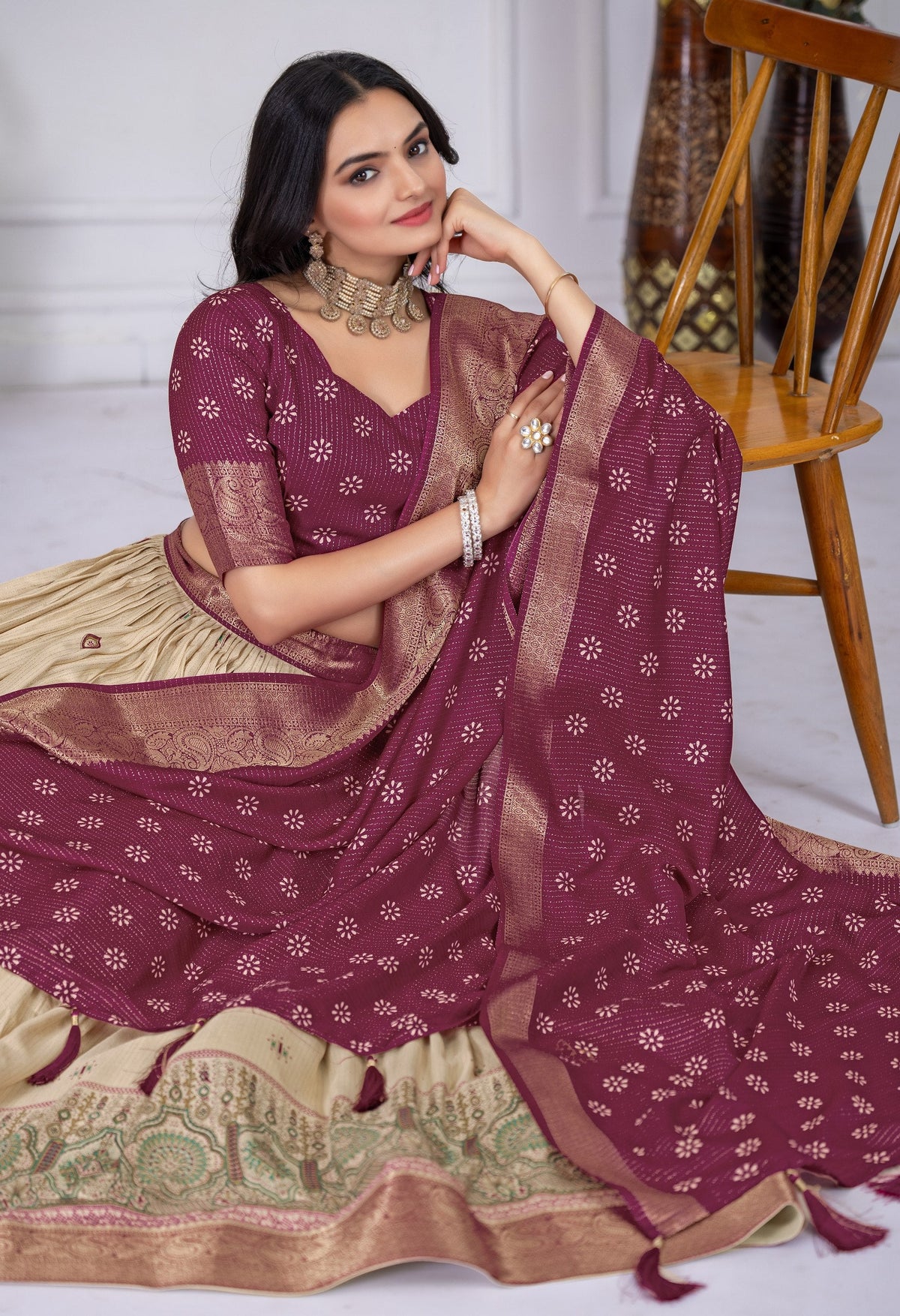 DEIANA'S Jacquard With Jari Lining With Print Lehenga Choli - Off White | Grocsy