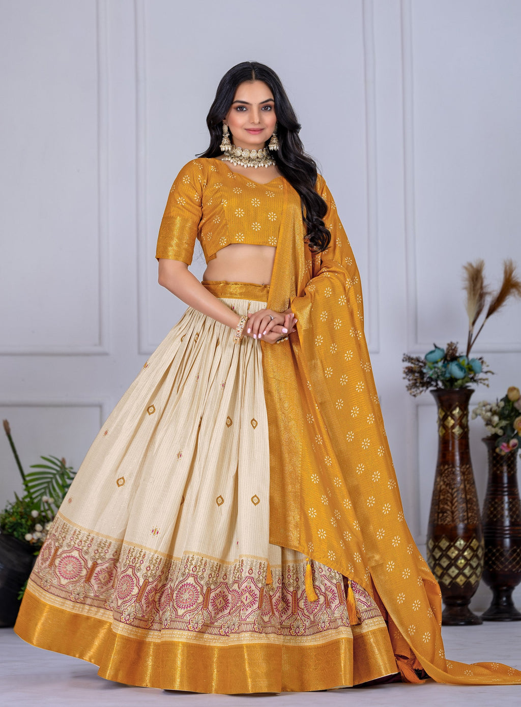 DEIANA'S Jacquard With Jari Lining With Print Lehenga Choli - Off White | Grocsy