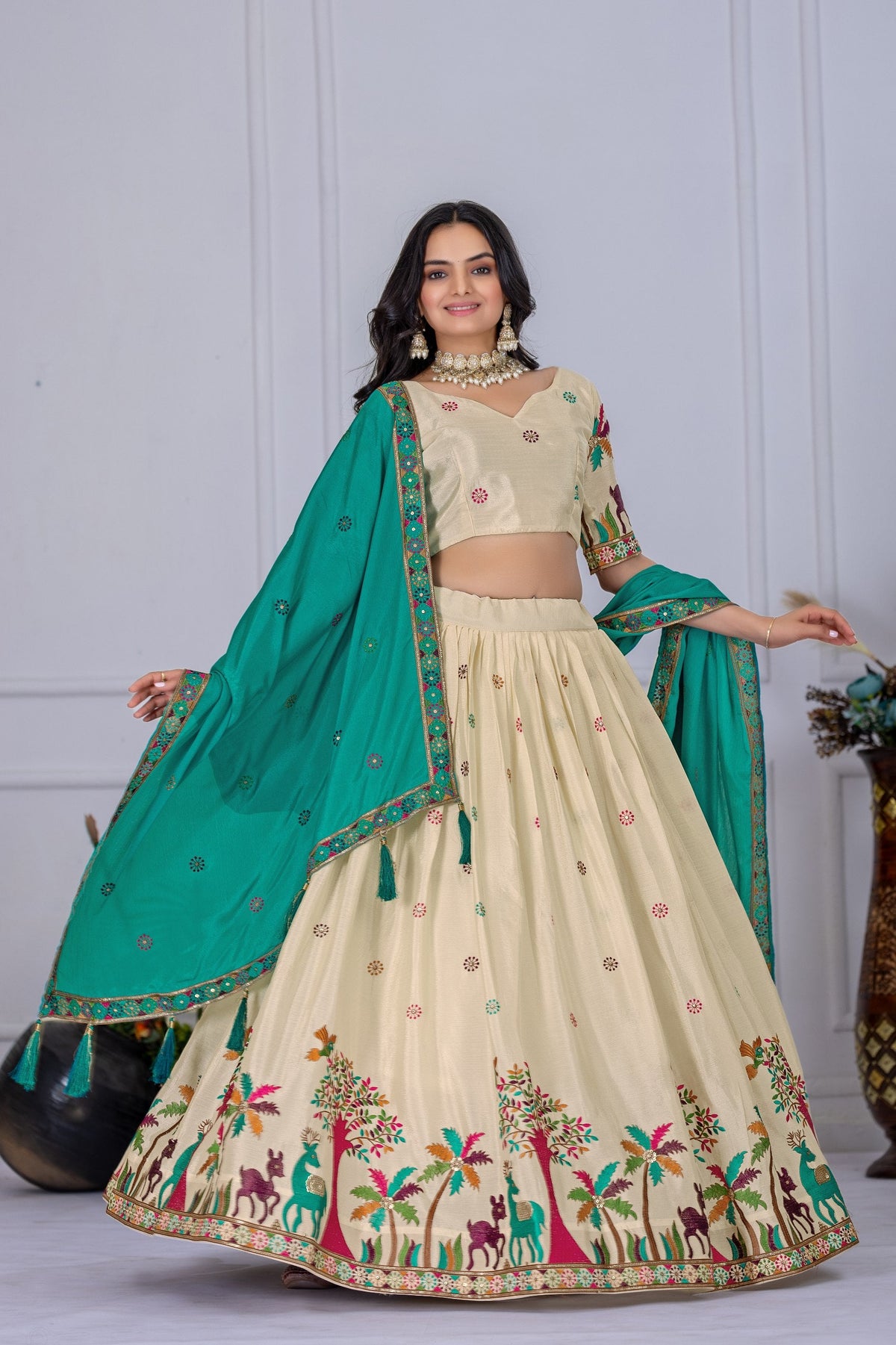 DEIANA'S Heavy Embroidery With Multi Color Work Lehenga Choli - Off White | Grocsy