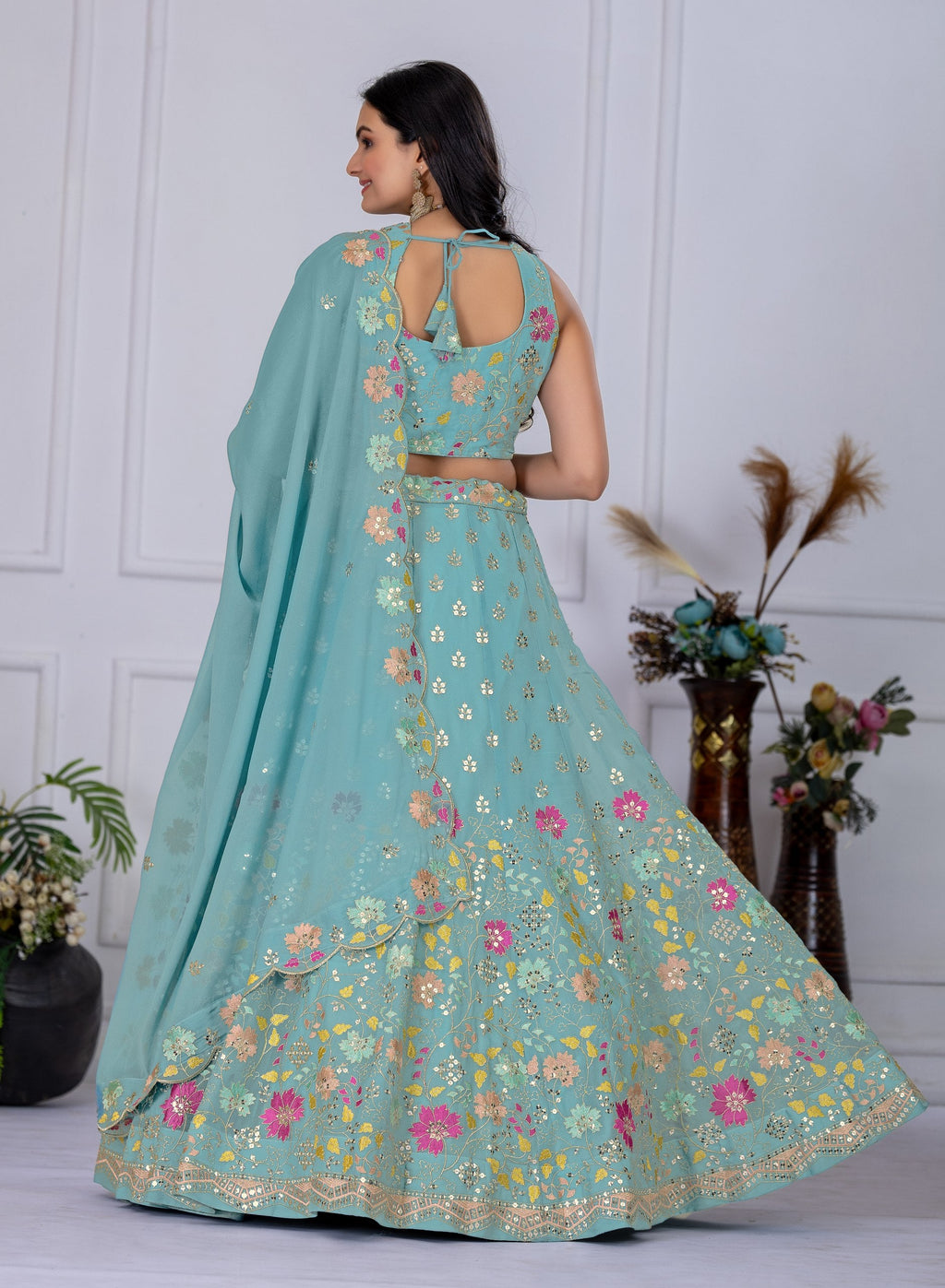 DEIANA'S Heavy Embroidery With Multi Thread Work Lehenga Choli - Firozi | Grocsy