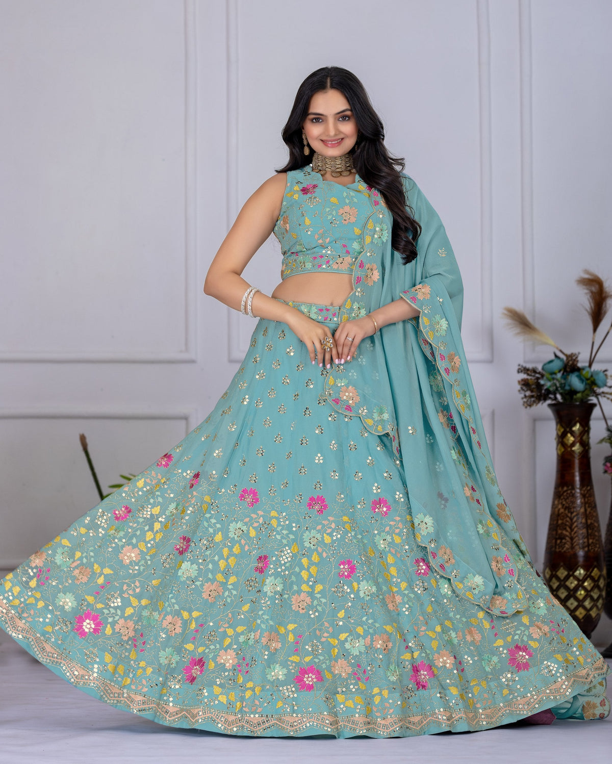 DEIANA'S Heavy Embroidery With Multi Thread Work Lehenga Choli - Firozi | Grocsy