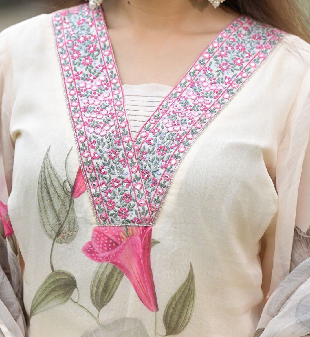 Lorenvalley Black Georgette Printed with Embroidery Work Kurta Set | Grocsy