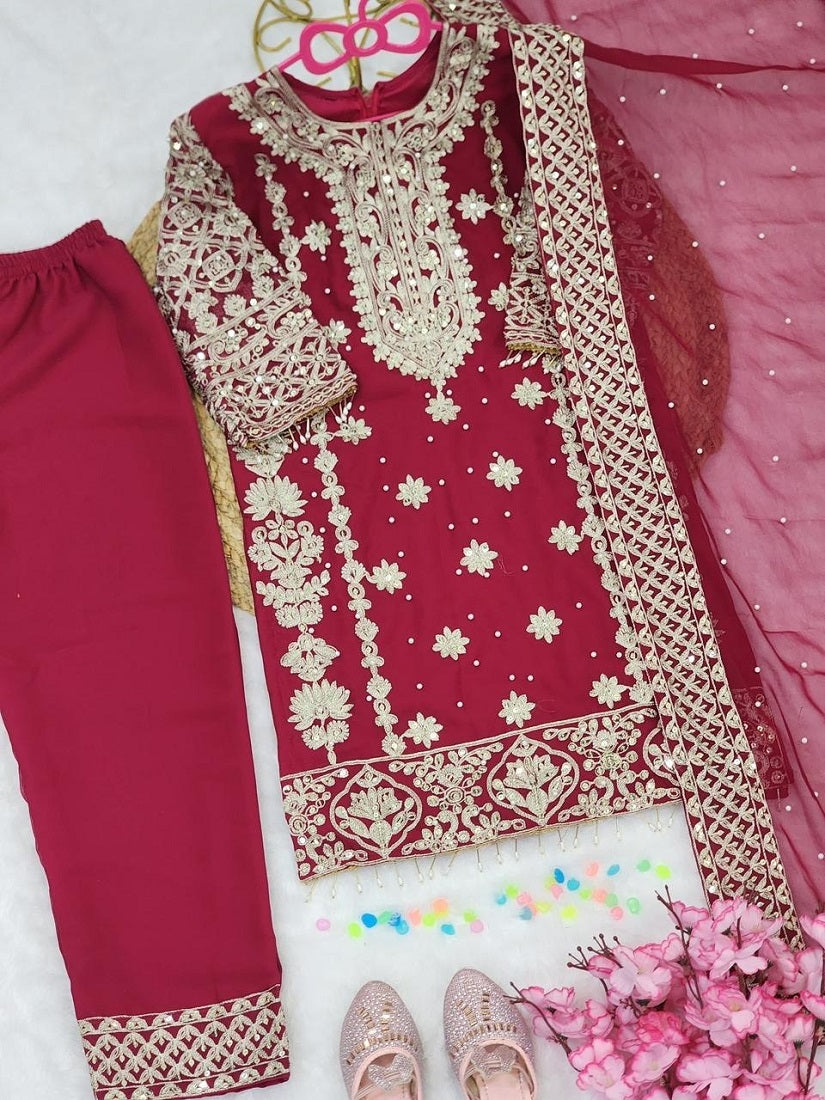 Evanik Elegant Maroon Georgette Embroidered Work Girls' Salwar Suit Set | Grocsy