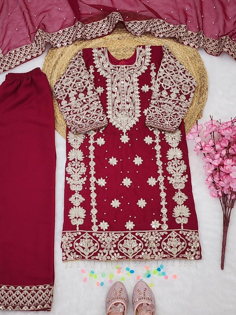 Evanik Elegant Maroon Georgette Embroidered Work Girls' Salwar Suit Set | Grocsy