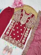 Evanik Elegant Maroon Georgette Embroidered Work Girls' Salwar Suit Set | Grocsy
