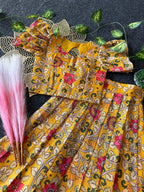 Evanik Yellow Kota Chex Fabric With Floral Printed Kids Lehenga Choli | Grocsy