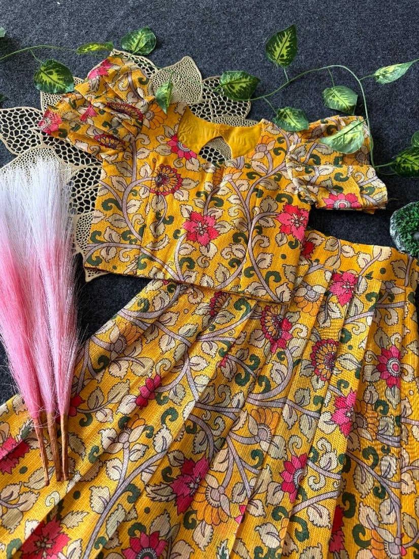Evanik Yellow Kota Chex Fabric With Floral Printed Kids Lehenga Choli | Grocsy
