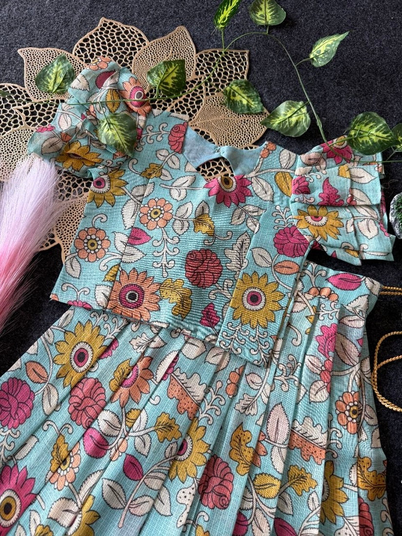 Evanik Blue Kota Chex Fabric With Floral Printed Kids Lehenga Choli | Grocsy