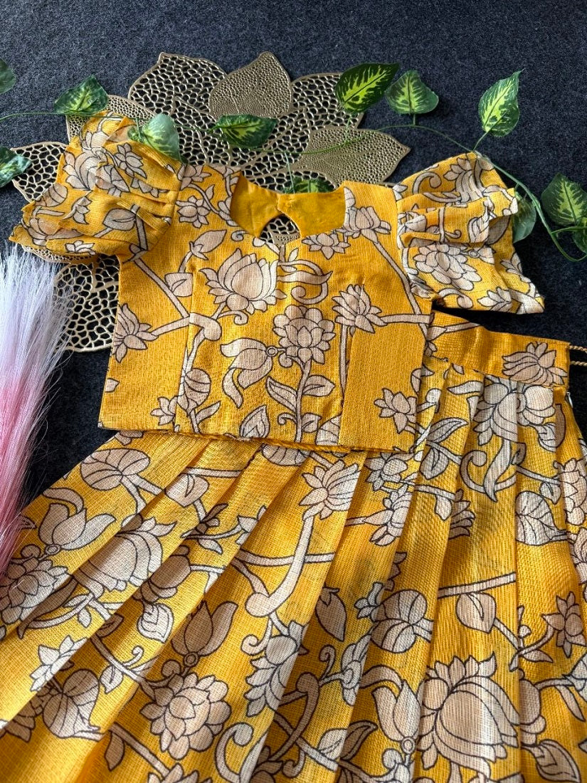 Evanik Yellow Kota Chex Fabric With Floral Printed Kids Lehenga Choli | Grocsy