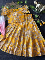 Evanik Yellow Kota Chex Fabric With Floral Printed Kids Lehenga Choli | Grocsy
