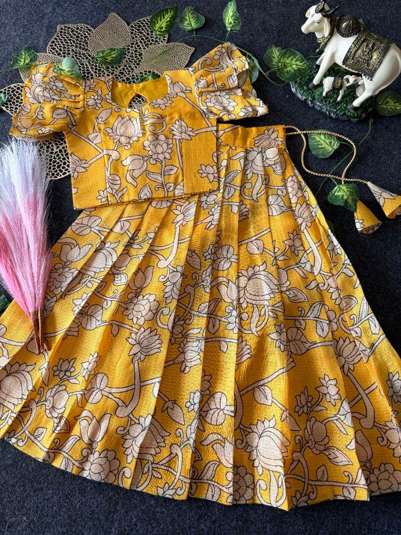 Evanik Yellow Kota Chex Fabric With Floral Printed Kids Lehenga Choli | Grocsy
