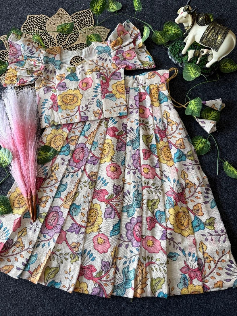 Evanik White Kota Chex Fabric With Floral Printed Kids Lehenga Choli | Grocsy