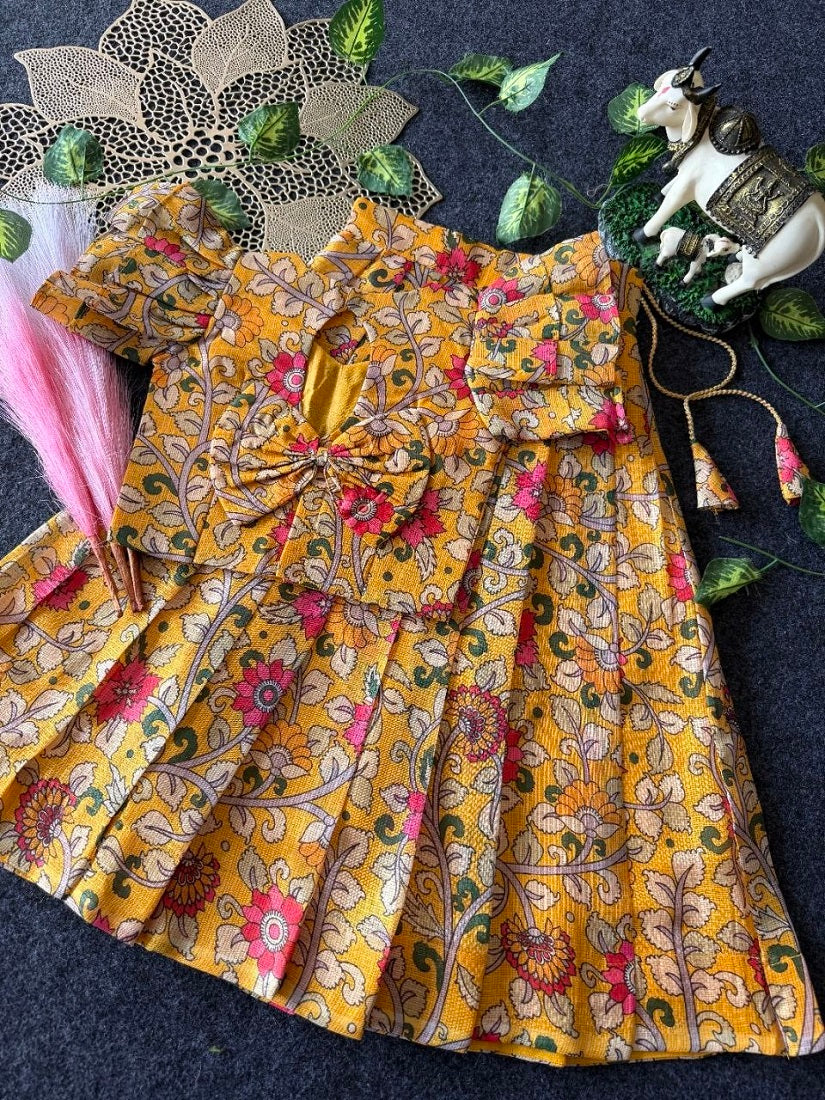 Evanik Yellow Kota Chex Fabric With Floral Printed Kids Lehenga Choli | Grocsy