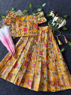 Evanik Yellow Kota Chex Fabric With Floral Printed Kids Lehenga Choli | Grocsy