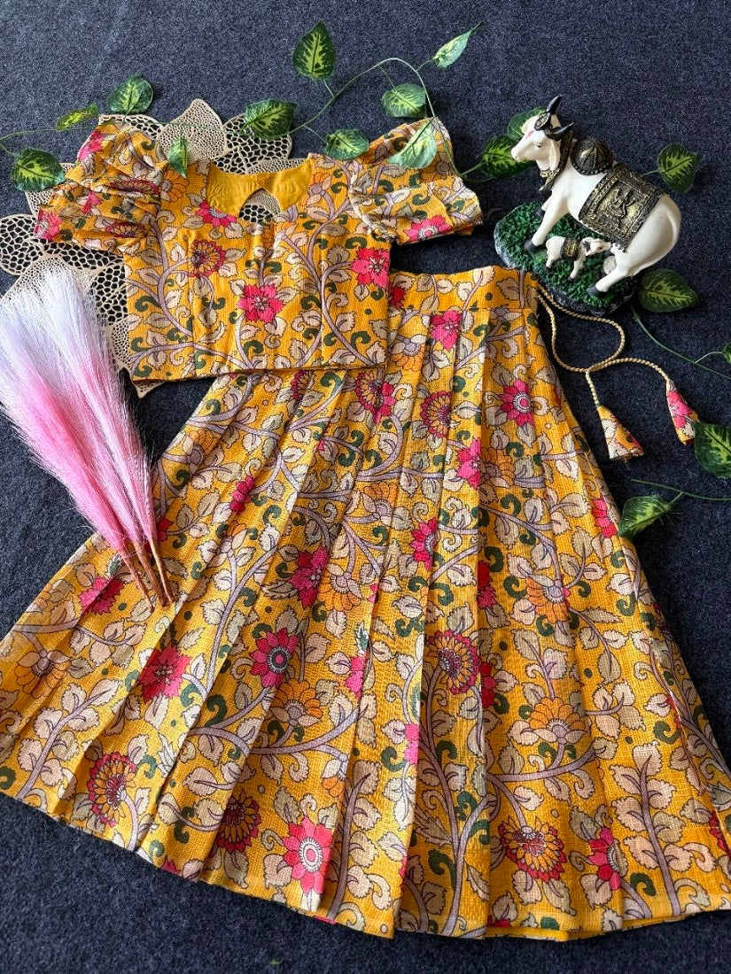 Evanik Yellow Kota Chex Fabric With Floral Printed Kids Lehenga Choli | Grocsy