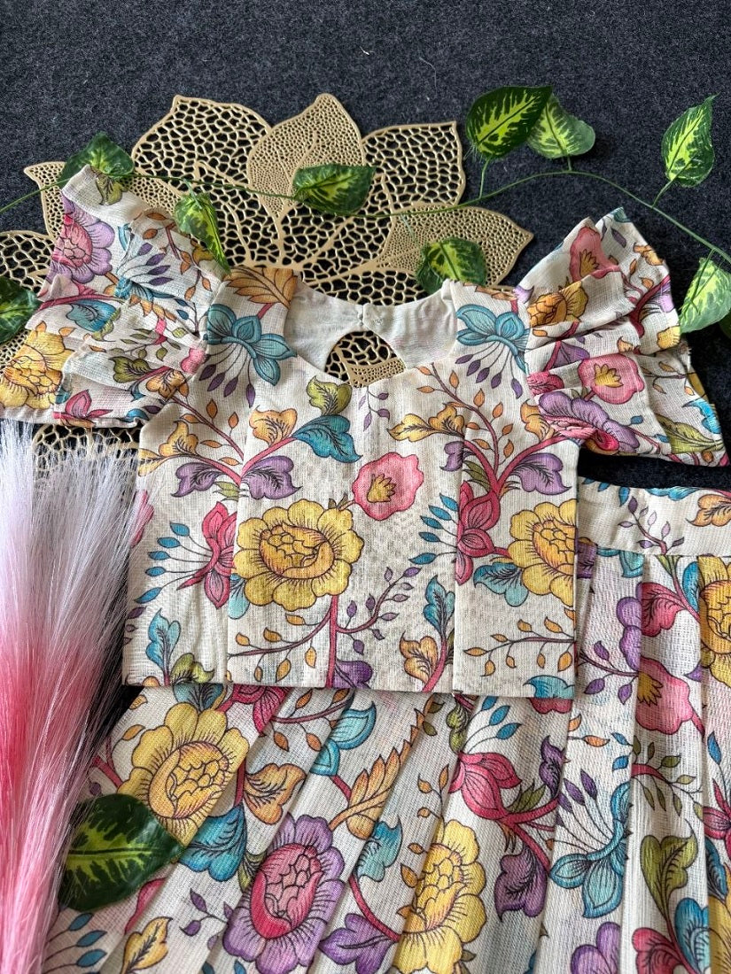 Evanik White Kota Chex Fabric With Floral Printed Kids Lehenga Choli | Grocsy