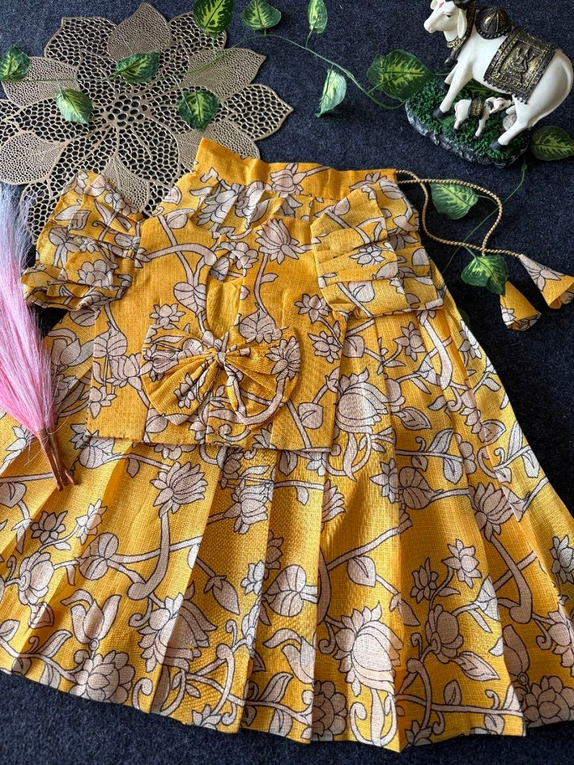 Evanik Yellow Kota Chex Fabric With Floral Printed Kids Lehenga Choli | Grocsy