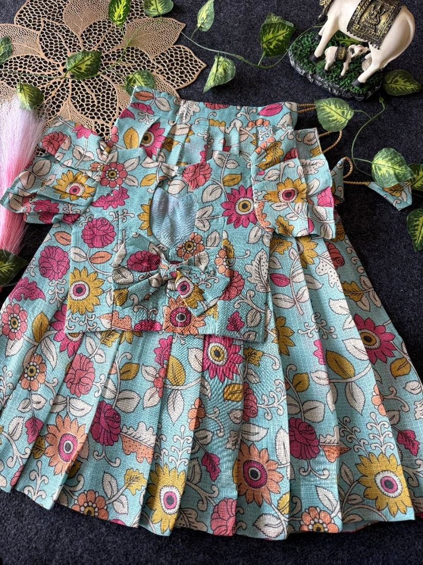 Evanik Blue Kota Chex Fabric With Floral Printed Kids Lehenga Choli | Grocsy