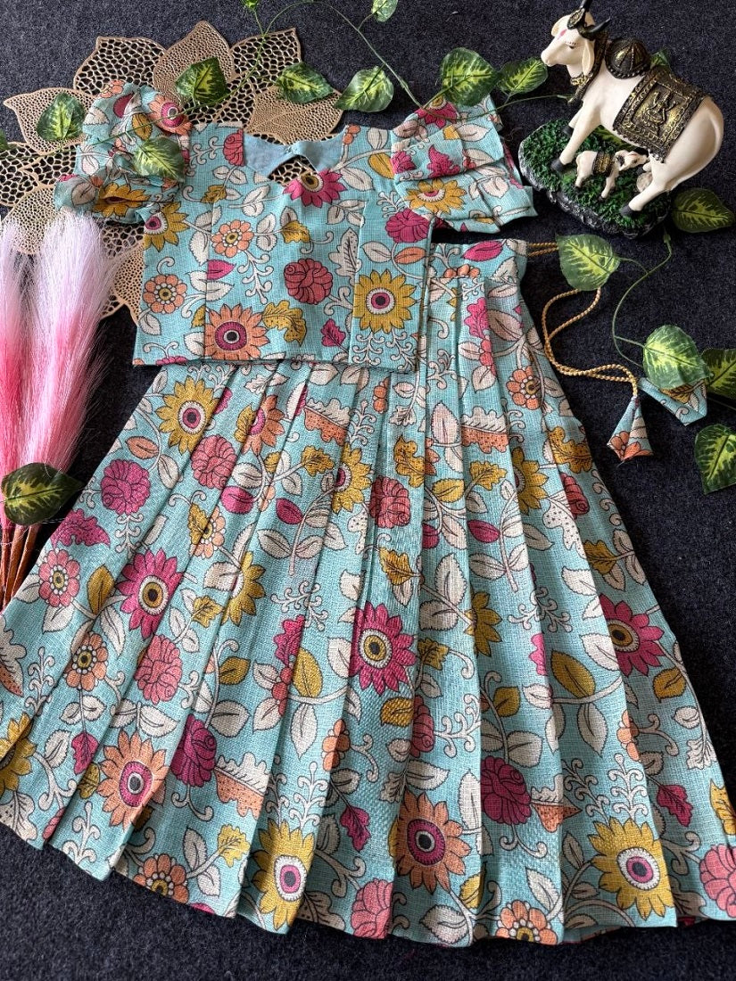 Evanik Blue Kota Chex Fabric With Floral Printed Kids Lehenga Choli | Grocsy