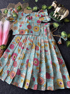Evanik Blue Kota Chex Fabric With Floral Printed Kids Lehenga Choli | Grocsy