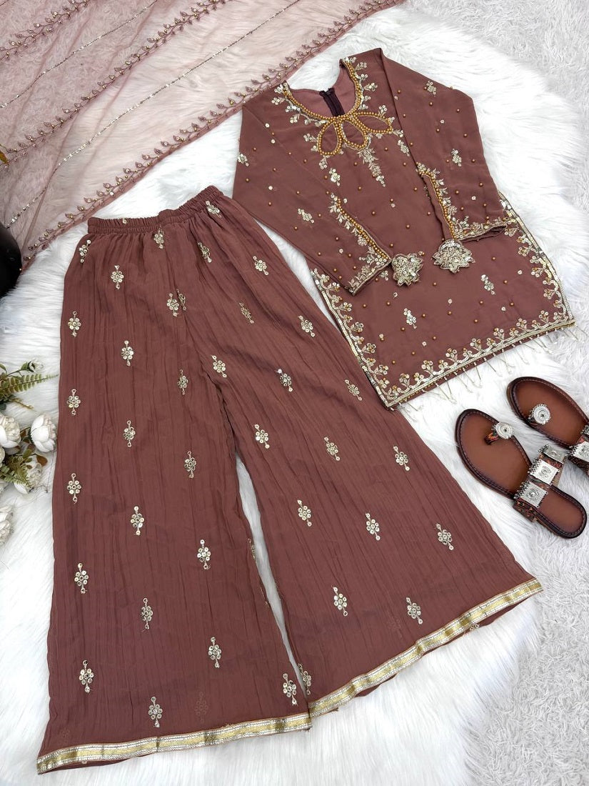Evanik Brown Kids Faux Georgette Embroidered Work Kurta Palazzo Set | Grocsy