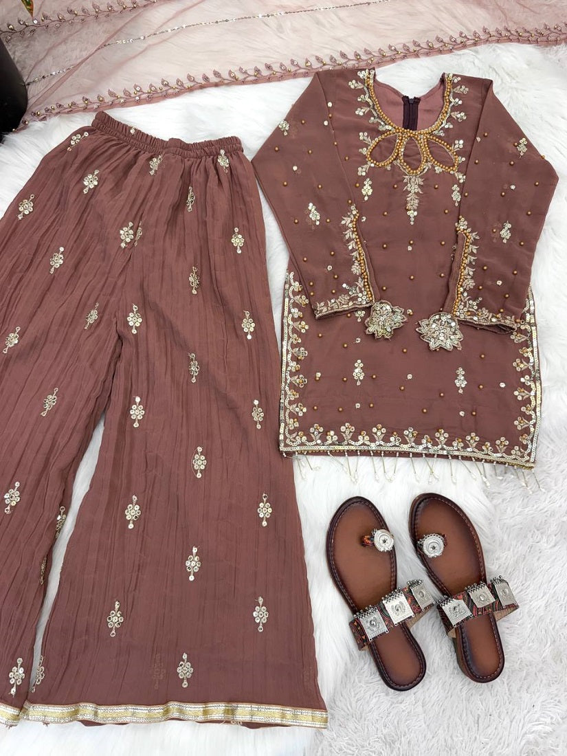 Evanik Brown Kids Faux Georgette Embroidered Work Kurta Palazzo Set | Grocsy