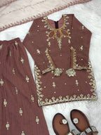 Evanik Brown Kids Faux Georgette Embroidered Work Kurta Palazzo Set | Grocsy