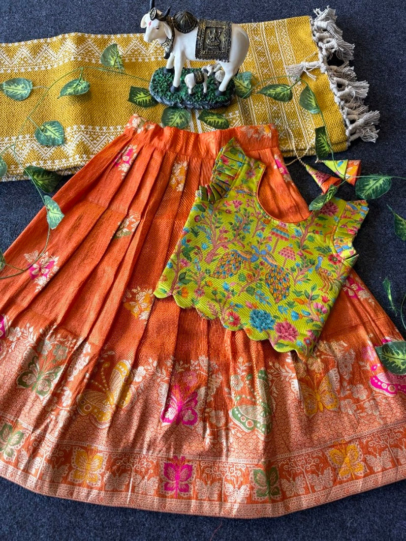 Evanik Girls Orange Soft tissue Butterfly Print Lehenga Choli with 3D Weaving Work | Grocsy