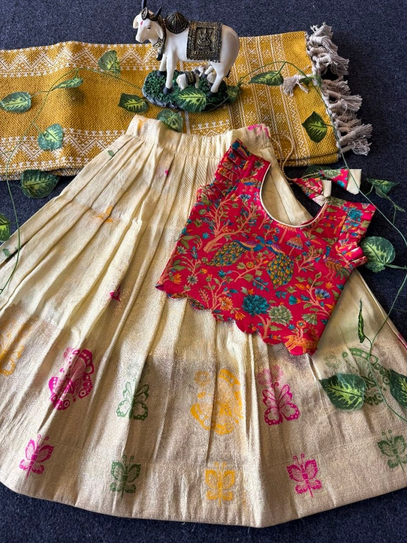 Evanik Girls Cream Soft tissue Butterfly Print Lehenga Choli with 3D Weaving Work | Grocsy