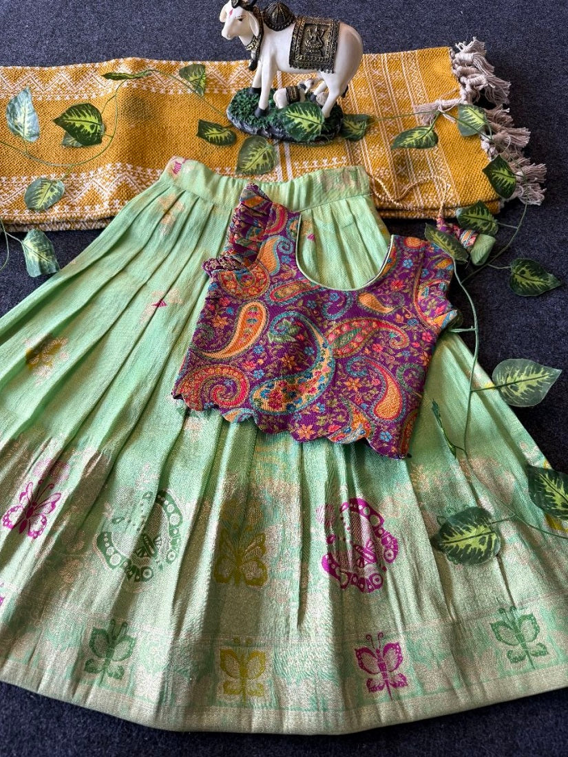 Evanik Girls Sea Green Soft tissue Butterfly Print Lehenga Choli with 3D Weaving Work | Grocsy