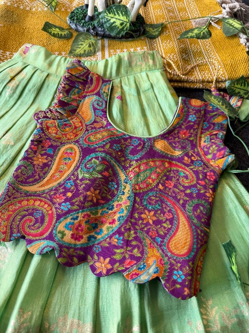 Evanik Girls Sea Green Soft tissue Butterfly Print Lehenga Choli with 3D Weaving Work | Grocsy