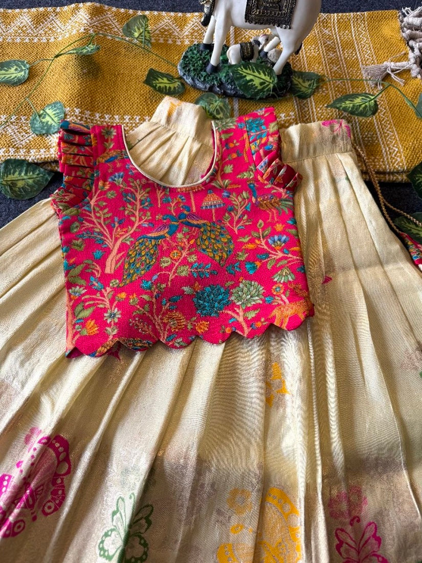 Evanik Girls Cream Soft tissue Butterfly Print Lehenga Choli with 3D Weaving Work | Grocsy