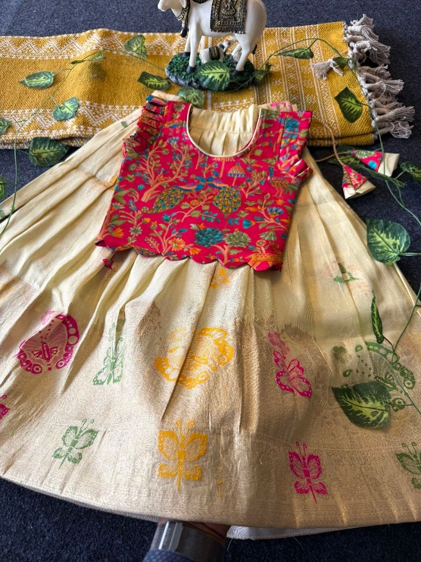 Evanik Girls Cream Soft tissue Butterfly Print Lehenga Choli with 3D Weaving Work | Grocsy