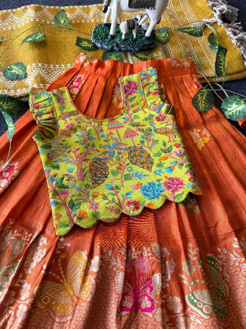 Evanik Girls Orange Soft tissue Butterfly Print Lehenga Choli with 3D Weaving Work | Grocsy