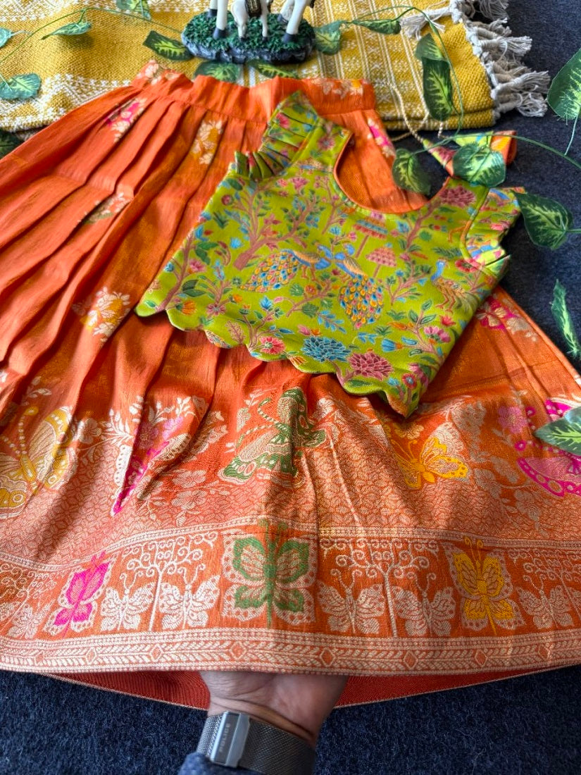 Evanik Girls Orange Soft tissue Butterfly Print Lehenga Choli with 3D Weaving Work | Grocsy