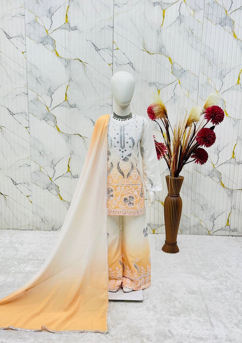 Evanik Yellow Designer Party Wear Heavy Natural Crepe Kids Top Palazzo & Dupatta Set | Grocsy