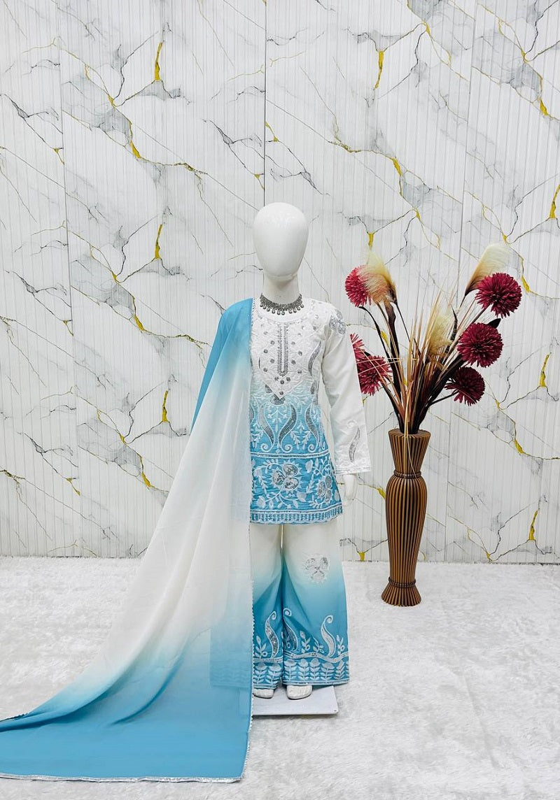 Evanik Sky Blue Designer Party Wear Heavy Natural Crepe Kids Top Palazzo & Dupatta Set | Grocsy