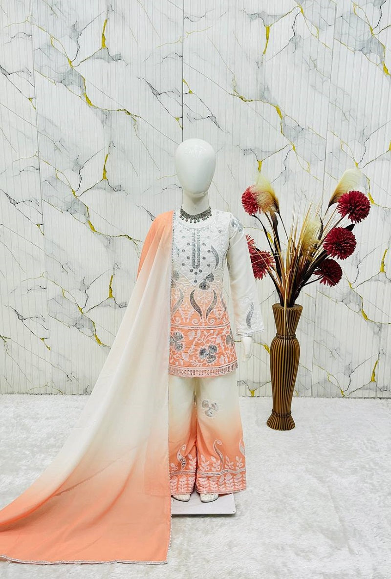 Evanik Peach Designer Party Wear Heavy Natural Crepe Kids Top Palazzo & Dupatta Set | Grocsy
