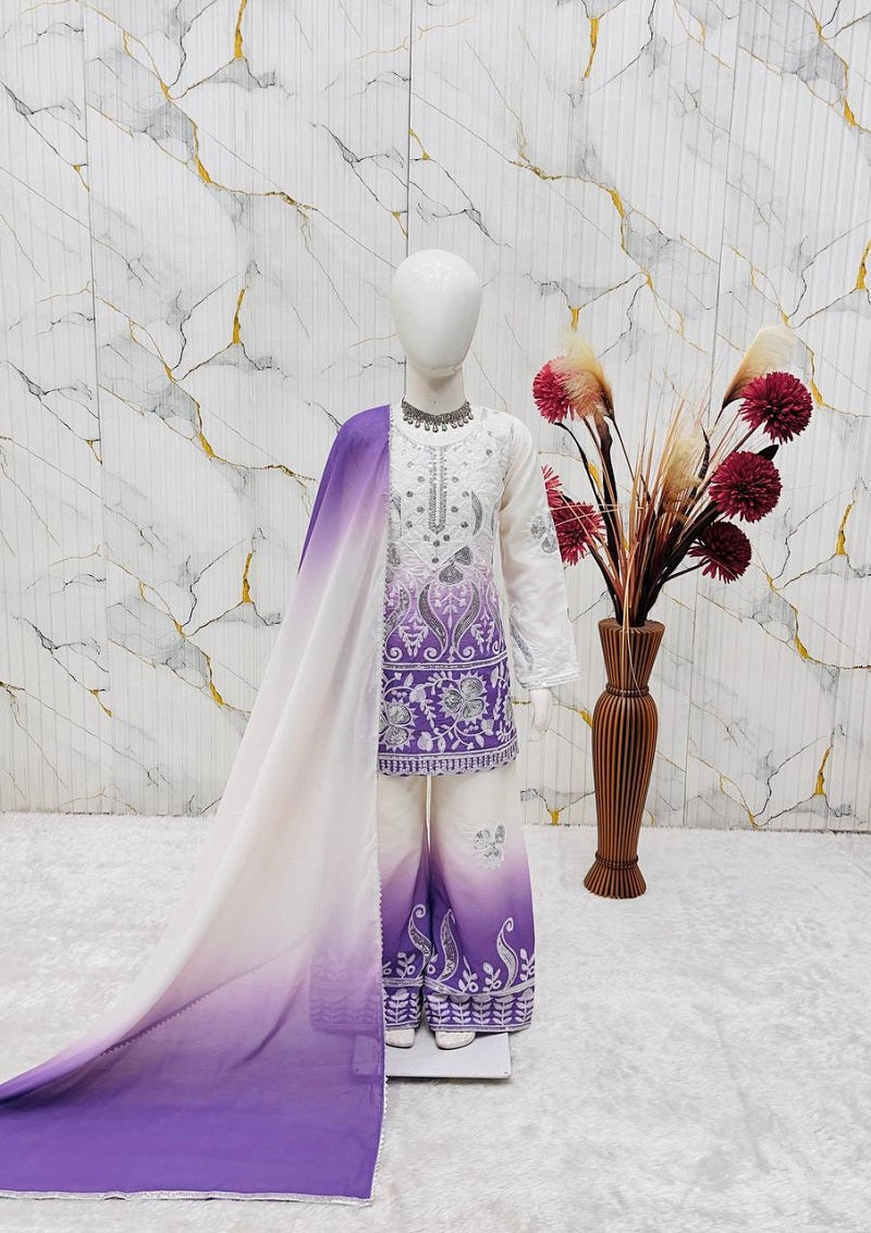 Evanik Purple Designer Party Wear Heavy Natural Crepe Kids Top Palazzo & Dupatta Set | Grocsy