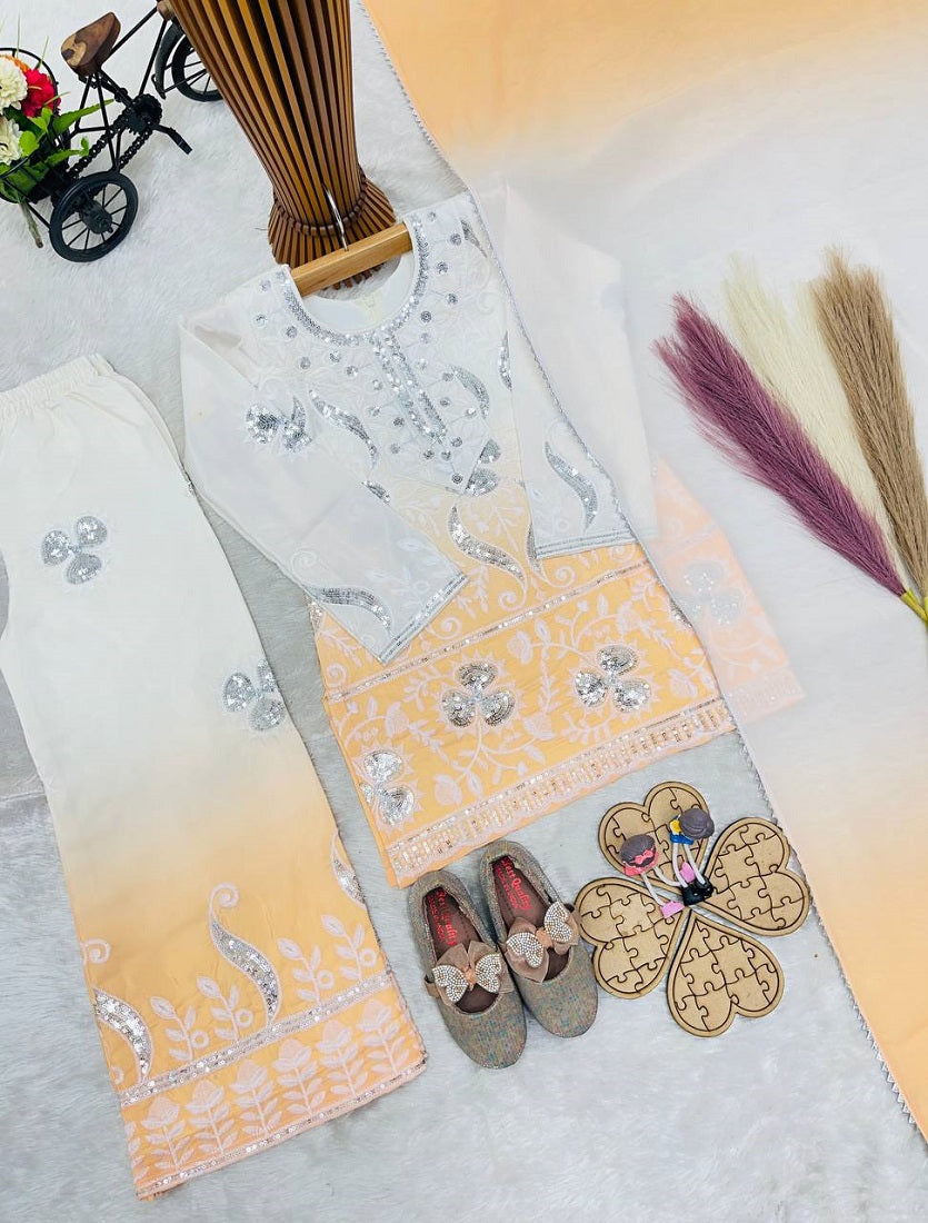 Evanik Yellow Designer Party Wear Heavy Natural Crepe Kids Top Palazzo & Dupatta Set | Grocsy